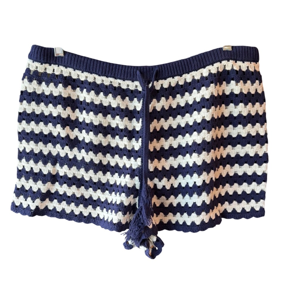 Shade & Shore Crochet Knit Shorts Size XLarge Navy Striped Drawstring Beach